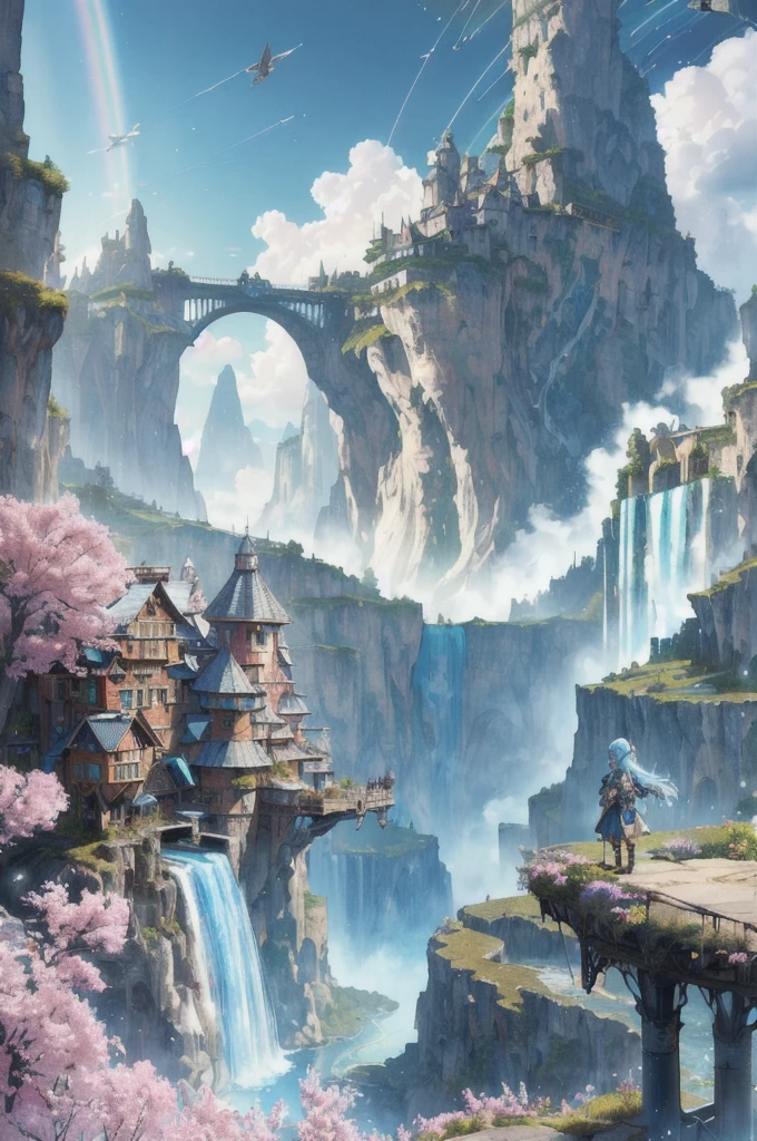 (RAW photo, 8k uhd, Analog style, Masterpiece, Best Quality, Highres:1.4), (dramatic, cinematic:1.2), BREAK, movie shot of colorful hyperdetailed fantastic fantasy mysterious magic landscape, above clouds, (medieval elven fantasy (village:1.35), (steampunk:1.05) (peasant:1.15) (robots:1.1) (crowd:1.35), playing (little steampunk (girl:1.25):1.1), (farm:1.31), (lake, (river:1.14):1.15), (bridges:1.4), (waterfalls:1.35), (boat:1.4), (dock:1.1), (cliff:1.35), road, (green:1.05) valley, (flowers:1.2), (maple trees:0.65), (green:1.05) (fields:1.3), (fences:1.3), (snowy:1.17) (pines:1.1), (pink:1.0) (flowering tree:1.12):1.22), BREAK, ((mountains:1.22), (futuristic:1.15) (overgrown:1.27) (skyscrapers:1.53) (ruins:1.35), (market, water wheel, castle:1.14), (colorful houses:1.2), birds, stairs, spaceport, ((bright morning sun daylight:1.05) rainbow pure (blue:1.05) sky, glowing:1.05), starry, crescent, meteor, ((fluffy cloud:1.2), godrays, light particles:1.05), various seasons, steam, smokes:1.2), BREAK, (photorealistic:1.2), (intricate:1.3), (light theme:1.3), (inspiring joyful atmosphere:1.2), (fabulous, fantasy, mysterious, science fiction, post-apocalypse, incredible, amazing, happy, sunny, pastoral:1.2), (hyperdetailed, absurdres:1.2), (colorful, saturated:1.4), colorful lighting, BREAK, A girl from behind, full body, beautifully detailed eyes, beautifully detailed lips, extremely detailed eyes and face, long eyelashes, white dress, wearing glasses, blue hair, short hair, back view, atmospheric lighting, detailed foliage, vibrant colors, (highest quality, 4k, 8k, high resolution, masterpiece: 1.2), ultra detailed, (realistic, photorealistic, photorealistic: 1.37), complex background, dreamy atmosphere, cinematic lighting