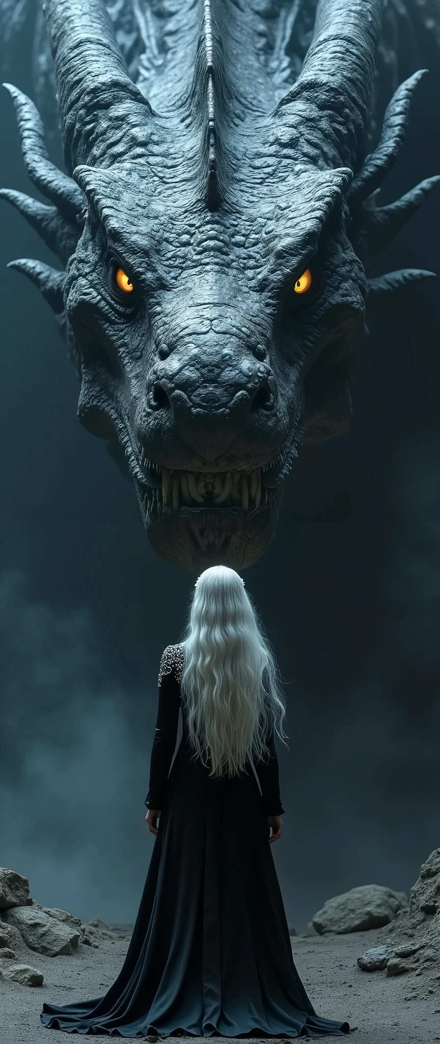 An ultra-realistic and highly detailed image of the head of an enormous dragon. Only its head is framed in the image. It has bright yellow eyes and hard, dark scales. The dragon is resting in a cavern. In front of it, Daenerys Targaryen stands with her back to the camera, her distinctive silver hair and a black dress with silver details visible. There is a mist in the air. Her face is not shown. The scene is captured with a Sony A7R IV paired with a 135mm f/1.8 GM lens, ensuring stunning clarity and rich details. The lighting is dramatic, with the dragon's eyes and the mist providing a soft glow. The aspect ratio is 9:21, emphasizing the vertical composition