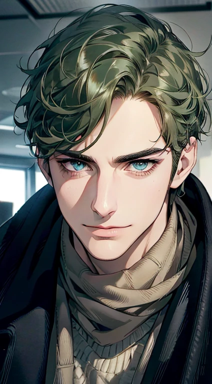 (best quality,4k,8k,highres,masterpiece:1.2),ultra-detailed,(realistic,photorealistic,photo-realistic:1.37),1 man,31 years old,mature man,very handsome,without expression,smile,short green hair,blue eyes,penetrating gaze,perfect face without errors,imposing posture,businessman,office background,cinematic lighting,hdr image