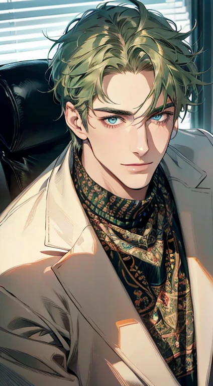 (best quality,4k,8k,highres,masterpiece:1.2),ultra-detailed,(realistic,photorealistic,photo-realistic:1.37),1 man,31 years old,mature man,very handsome,without expression,smile,short green hair,blue eyes,penetrating gaze,perfect face without errors,imposing posture,businessman,office background,cinematic lighting,hdr image