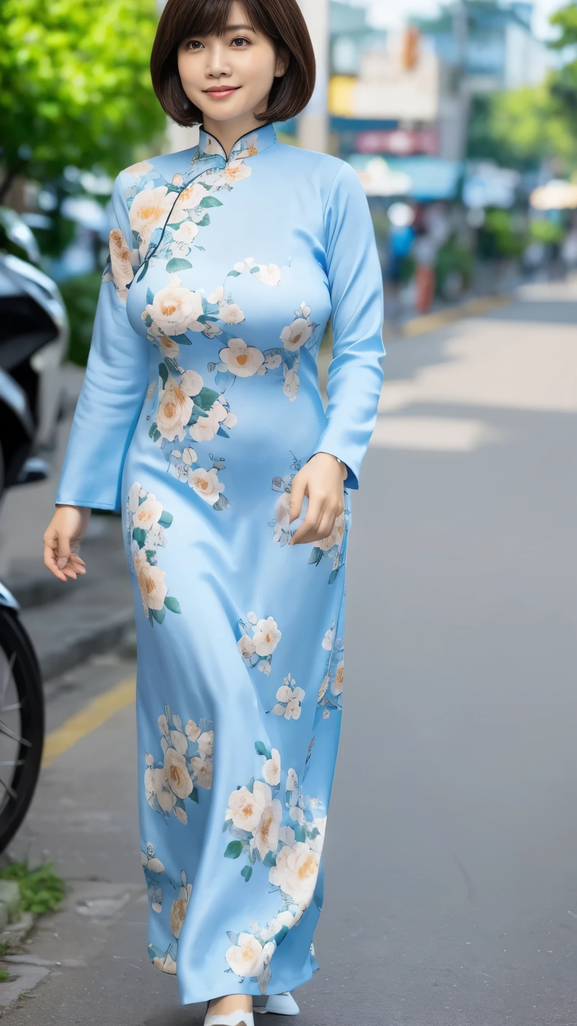 (8k,Ultra-high resolution,Highest quality,masterpiece,Realistic,Ultra-high resolution,High-quality RAW color photos,Professional photos,Realistic,Realistic),Natural skin texture,Fine skin,Hyperrealism,Intricate details,Adult women,Eye highlights.Lip gloss,Glossy Lips,(Cute smile,Short Hair,Dark blonde hair,bangs),((gigantic breast,Big Breasts)),necklace,((A rather tight floral light blue Ao Dai)),(Vietnam,Walking in Ho Chi Minh,full body),Bright lighting