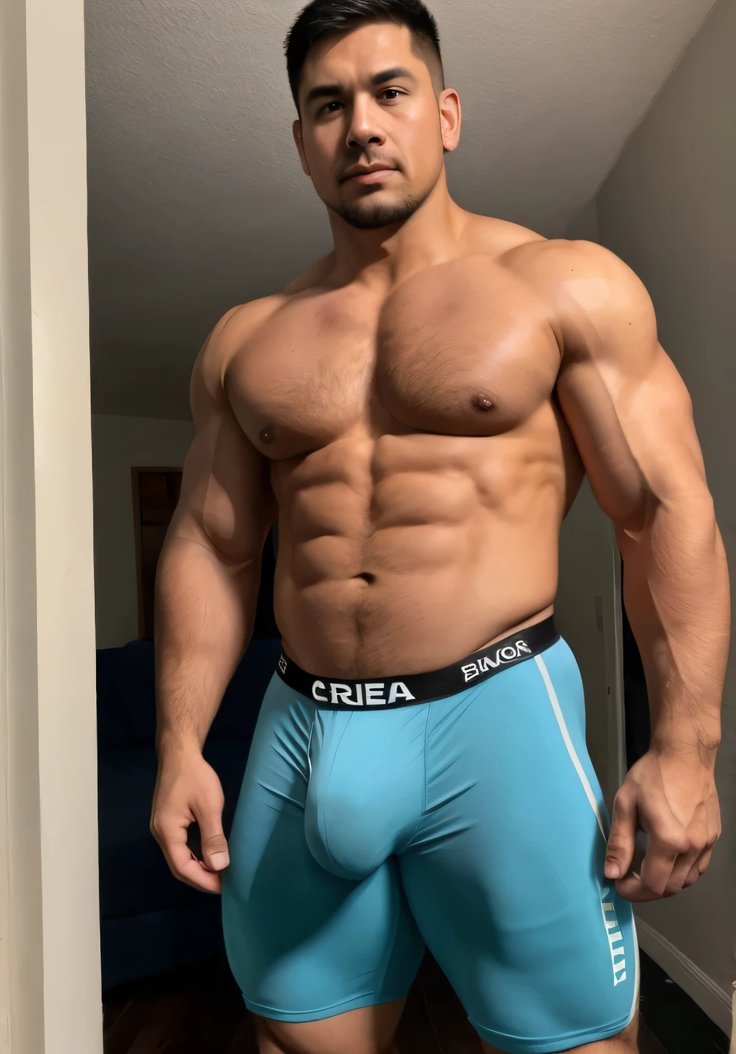 Handsome father, Muscular, EE Single Boxer. urea., There is a big and long bulge in the crotch, Must see his face,full body photo