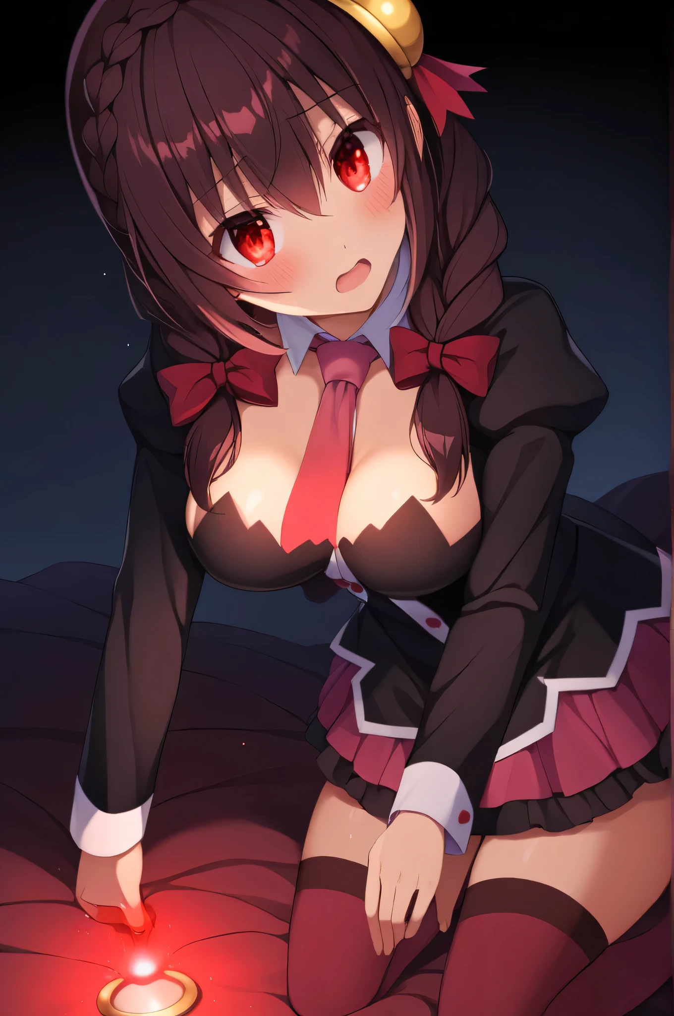 alone, One person, Yunyun, (Mouth open)、 (blush:1.2)、Crown braids of the same color as your hair, (Glowing red eyes:1.8)、(eyes shine red:1.8)、hair ornaments, Hair Ribbon, Pink tie, Long sleeve, Pink Skirt, Knee socks, Cleavage,  Kneeling on the bed、Sweat a lot、(Eyes glowing red in the darkness:1.8)