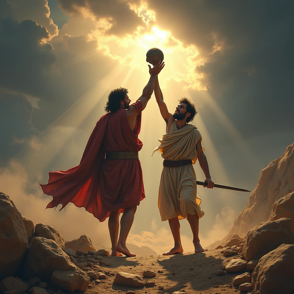 Capture the moment David cuts off Goliath's head, raising it in triumph as a trophy of divine victory. 