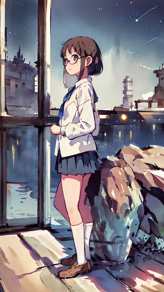 Seaside、Sanctuary、Dazzling Light、Many towers in the distance、Big Moon、metropolis、Tall buildings、Looking up at the stars、water、Midnight、Moon、Blue light、sky、sea、Nsfw、masterpiece, high quality, 4K, HDR,, Stable Diffusion prompt:  schoolgirl with short、brown hair and red-framed glasses, wearing a white blouse and navy skirt, white panties visible, navy socks and brown loafers, in a state of arousal and trembling with sexual climax,simple illustration style, In a nichijou (everyday life) Setting Image generation AI model used: Stable Diffusion (eleet- model)

id: i2