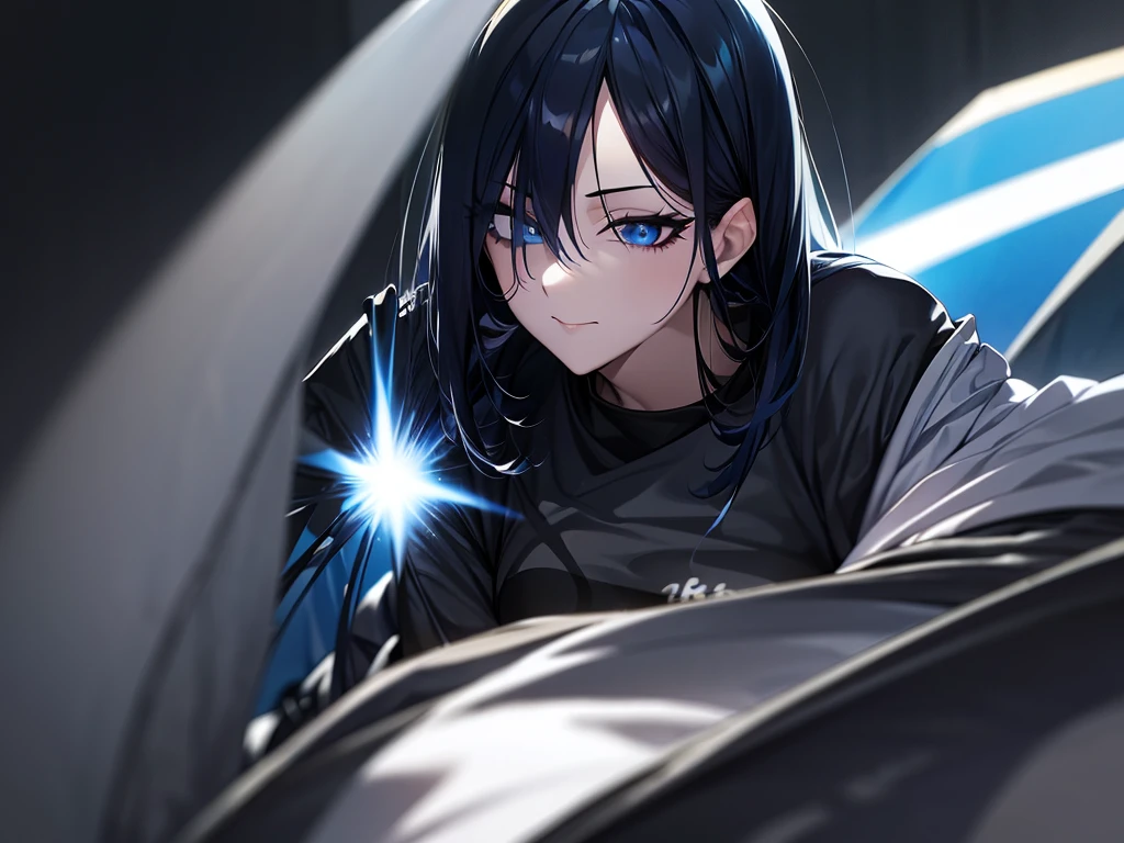 Black Hair,blue hair highlights, Black background with spotlight, woman, Odd Eye（Blue eyes and rainbow eyes） Long eyelashes, Extreme close-up of the eyes, １people, Young face, White jacket,Medium Hair, I wore shorts、Wear sneakers