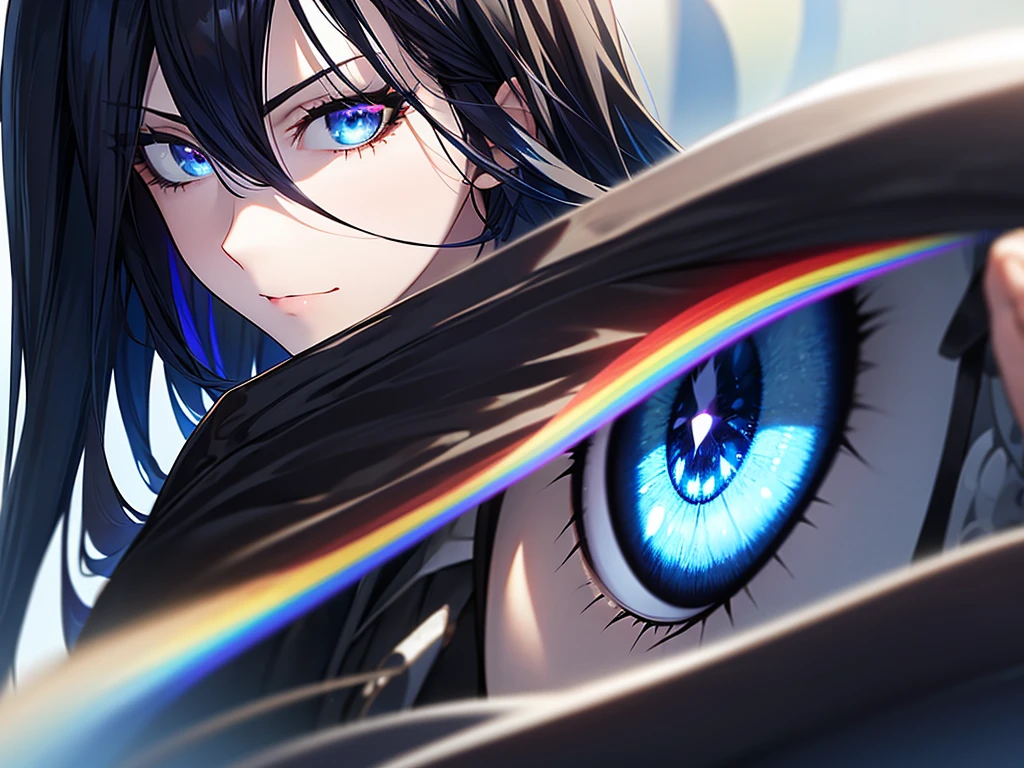 Black Hair,blue hair highlights, Black background with spotlight, woman, Odd Eye(Blue eyes and rainbow eyes) Long eyelashes, Extreme close-up of the eyes, 1people, Young face, White jacket,Medium Hair, I wore shorts、Wear sneakers