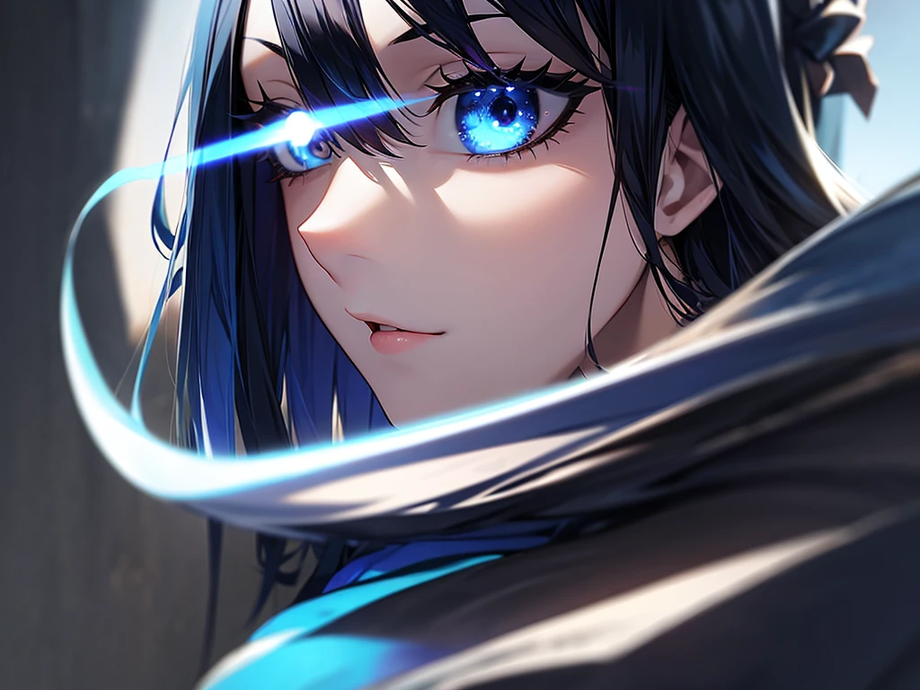 Black Hair,blue hair highlights, Black background with spotlight, woman, Odd Eye(Blue eyes and rainbow eyes) Long eyelashes, Extreme close-up of the eyes, 1people, Young face, White jacket,Medium Hair, I wore shorts、Wear sneakers