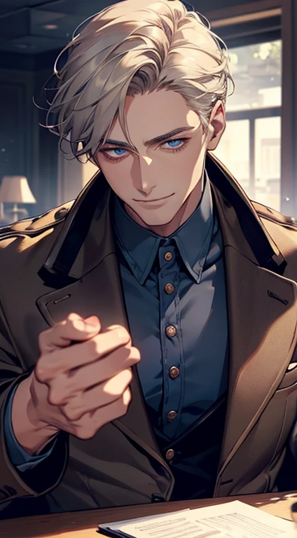 a mature man, very handsome, short grey golden hair, beautiful blue eyes, perfect detailed face, buttoning his jacket, CEO, smiling in love, cinematic lighting, 1:4 HDR, photorealistic, ultra detailed, 8K, best quality, masterpiece