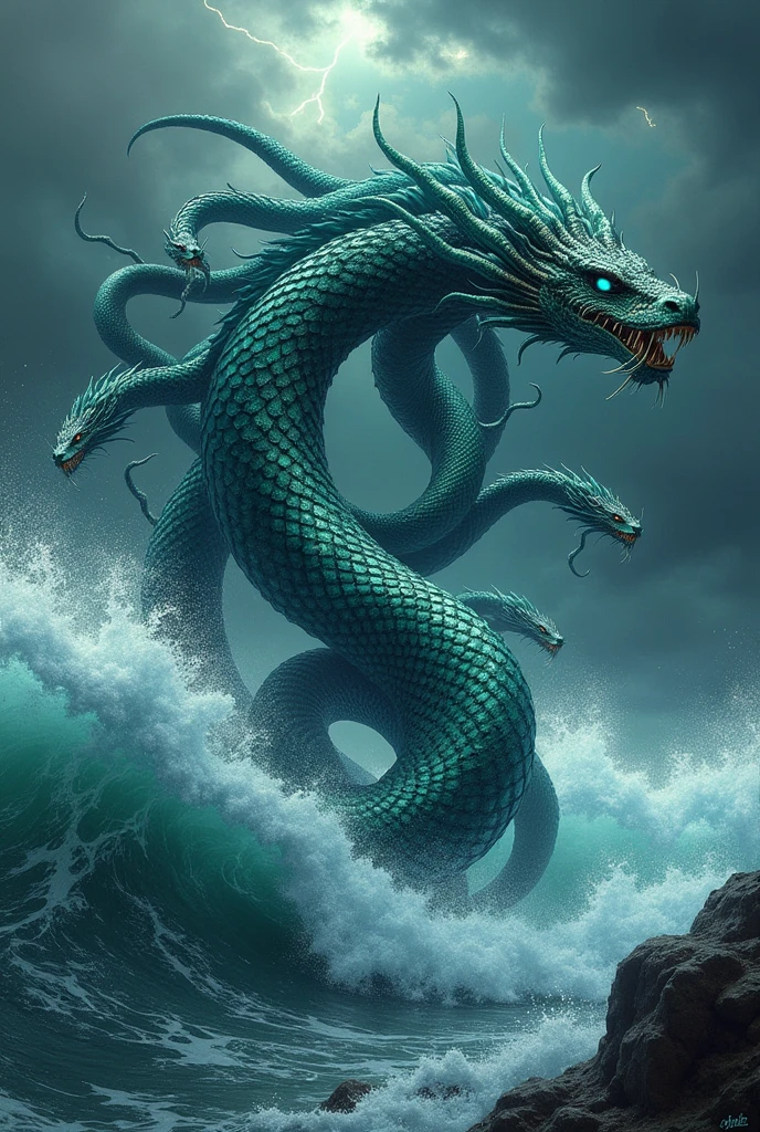 Nine headed serpent with water waves looking front