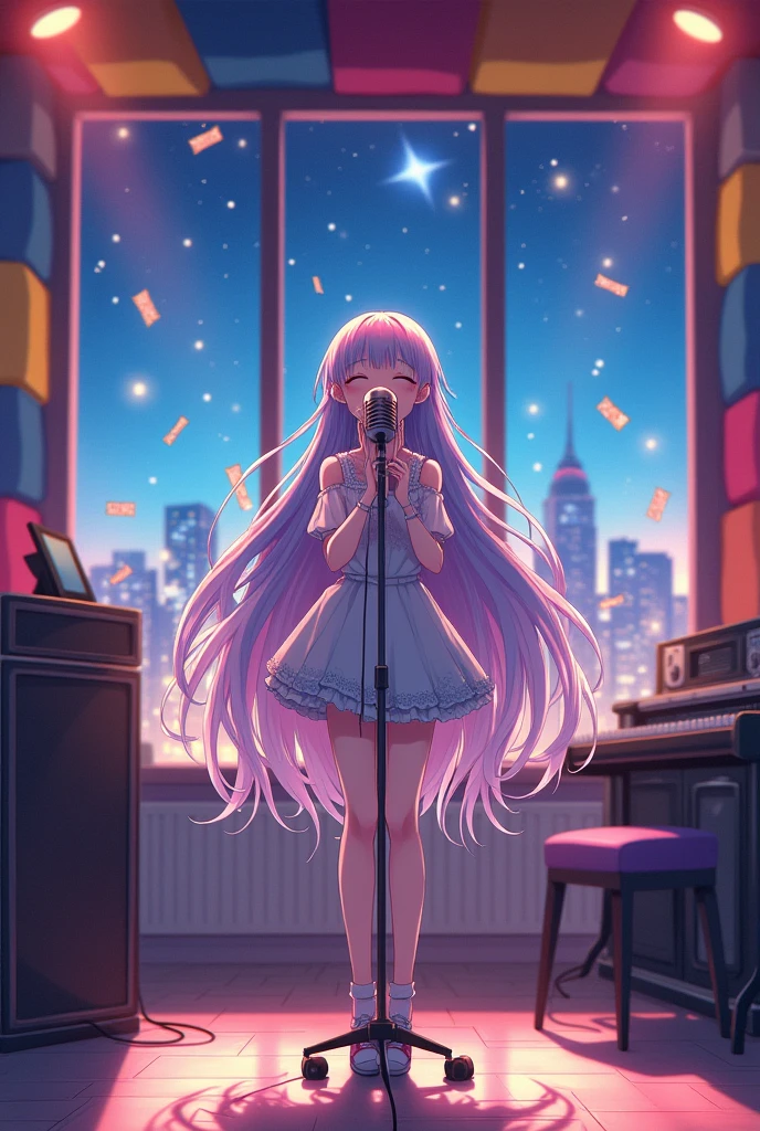 Make an Concept Photo of  an anime girl singing the song at studio 


