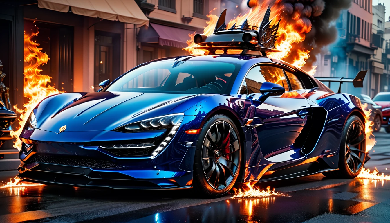a beautiful female knight ready for battle, stands near her loyal car, a mature female paladin knight, holy warrior, ((full body: 1.5)), ((anatomically correct: 1.5)), (ultra detailed face: 1.5), ((best detailed face: 1.5)), dynamic eye color, dynamic hair color, dynamic hair style dynamic skin complexion, holding a radiant sword, holy sword, divine sword, wearing intricate armor, wearing high heeled boots, BREAK standing near her car, divine car, magical car, ready to battle car, car wreathed in flames, holy intricate runes, slick car, vibrant, Ultra-high resolution, High Contrast, (masterpiece:1.5), highest quality, Best aesthetics), best details, best quality, highres, 16k, (ultra detailed: 1.5), masterpiece, best quality, (extremely detailed) RAW, (ultra details, Masterpiece, best quality), Cinematic Hollywood Film, Intense gaze