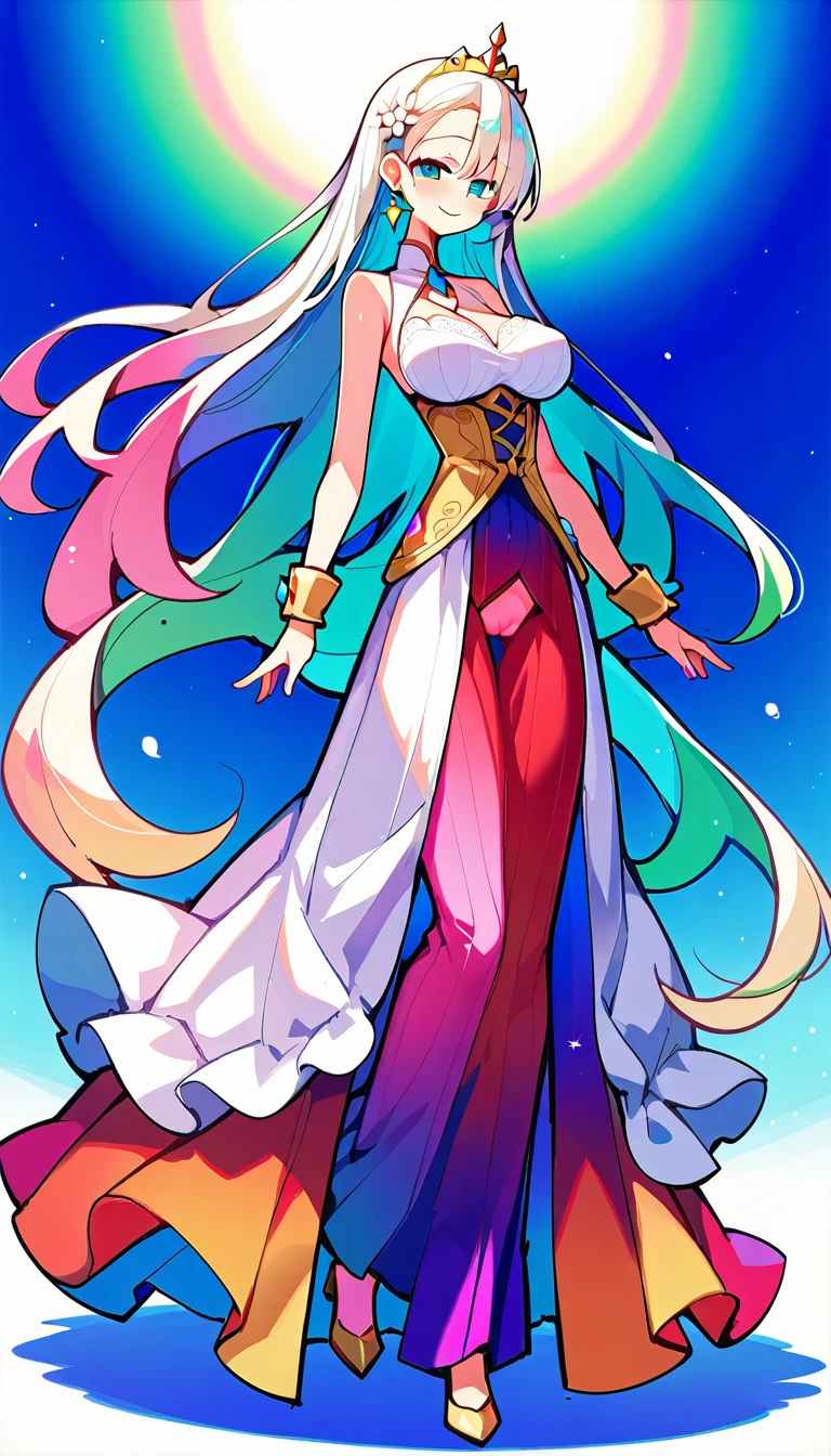 expensivequality illustration, masterpiece, Very delicate and beautiful, attractive,(White floral dress,One-piece with glittering decorations,expensive_White rainbow gradient dress、Long skirt、slit),thin,Slender body,slim,high school student,Grassland Background,Princess, Beautiful Eyes、smile、blush,(masterpiece, Highest quality:1.2), expensiveres, Very detailed CG ユニティ 8k 壁紙, Perfect lighting, colorful, ultra-expensive res,4K,Very detailed, photograph, 8k, High resolution, 、Big Breasts、thigh、Female organ、Thick pubic hair sticking out、Pubic hair sticking out