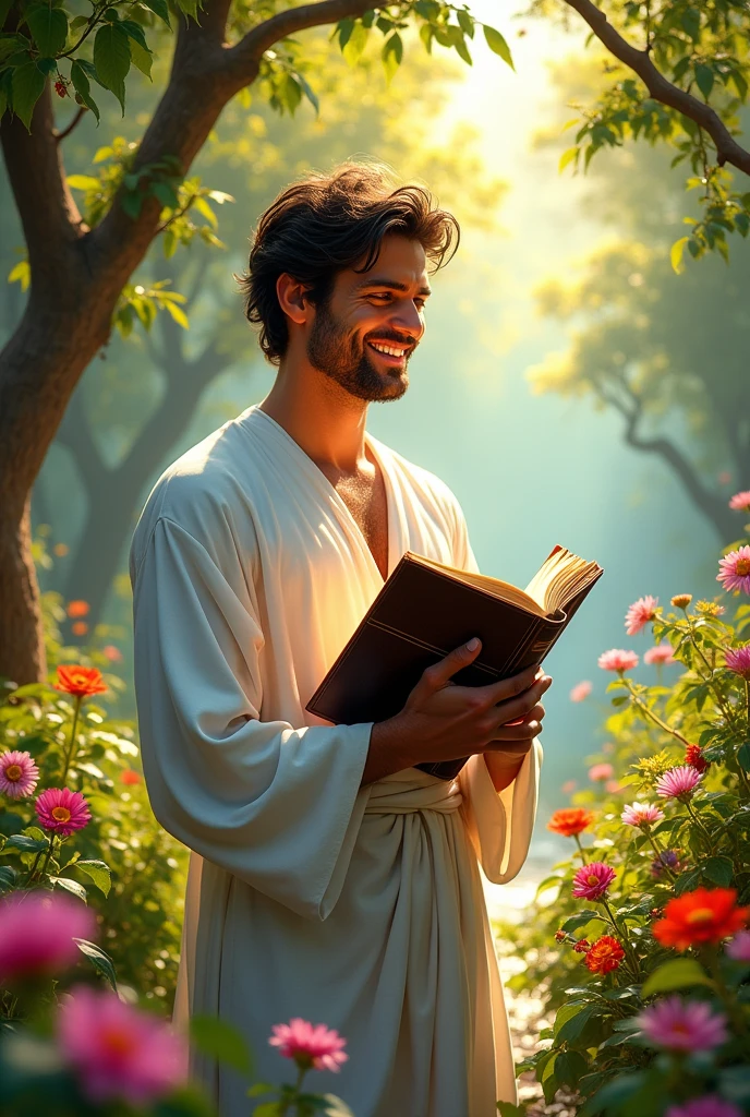 happy man with the bible in the garden of eden