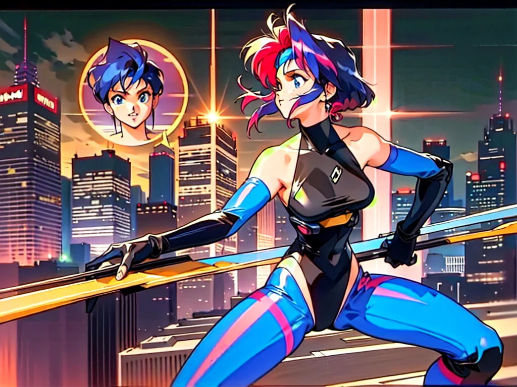 in the art style of "Kenichi Sonoda", 1990s (style), retro art style, Japanese original video animation "Bubblegum Crisis",  Sci-fi, Cyberpunk, Neon, Dystopia, Crash and Burn, (On a full moon night, on the rooftop of a high-rise building, a figure is seen wearing a metal hard suit that covers the whole body from head to toe. It is made up of curved surfaces that give it a feminine bodyline.), The main character, "Priss", 1girl, solo, 20yo, Cool beauty, fearless look, fighting stance, Attack posture, looking at viewer, Wearing a hard suit, (masterpiece, very aesthetic, incredibly absurd resolution, absolutely resolution, ultra high resolution, professional, vivid colors, sharp, defined lines, focus on entire screen, asymmetrical, perfect anatomy, ideal facial features, ideally proportioned figure, perfectly beautiful face, perfectly beautiful body, super detailed, anime key-visual, all intricate, overall detailed),
