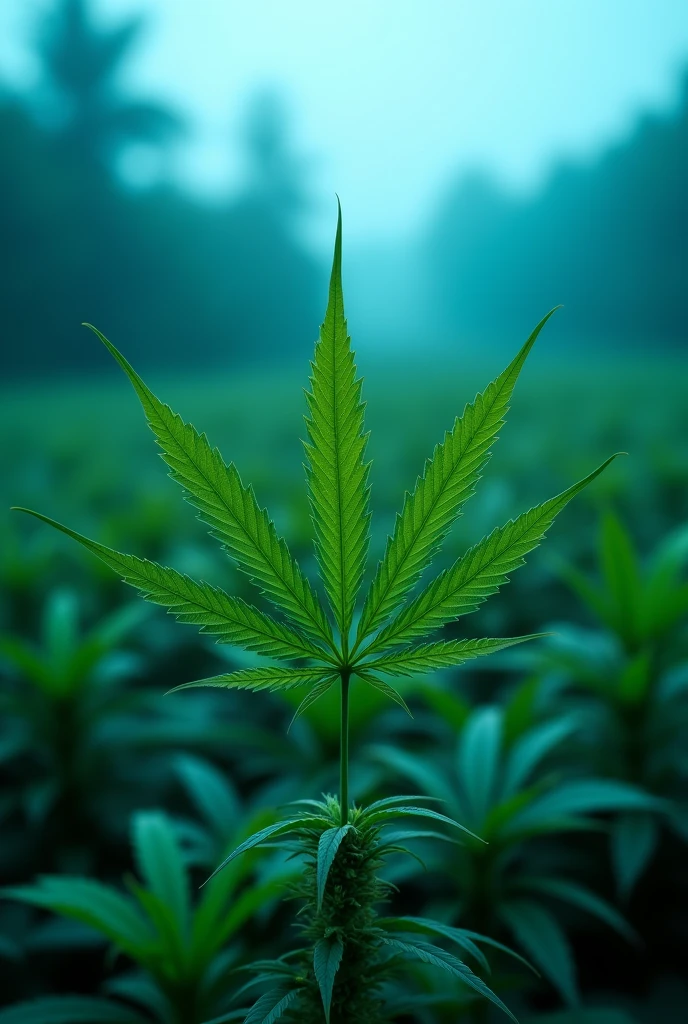 A single flat cannabis leaf in the foreground. Blurred plantation in the background with a blue filter.