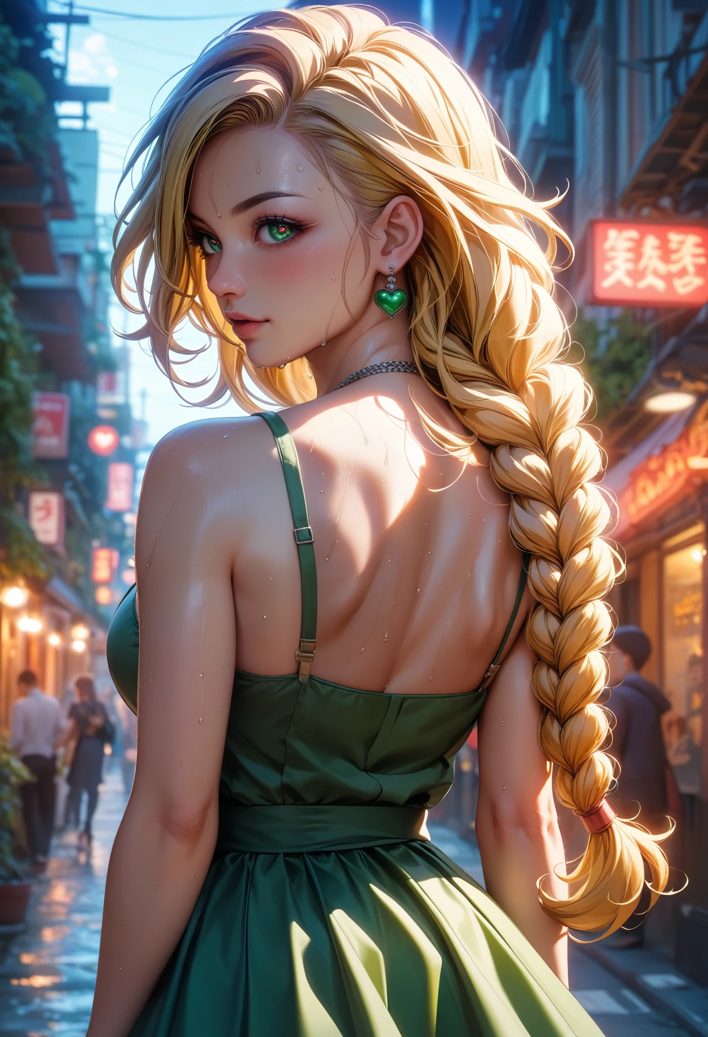 perfection、Highly detailed drawing、Professional illustrations、Cinematic lighting、Light and shadow、Detailed face、Detailed eyes、Dragon Quest 5、Bianca、Blonde、Long Hair、Braided Hair、Heart Eyes、Green Dress、Orange-colored cave、Silver Jewelry、Neon city at night、Back view、POV Shot、Emo illustration、(Sweat:1.4)、shame