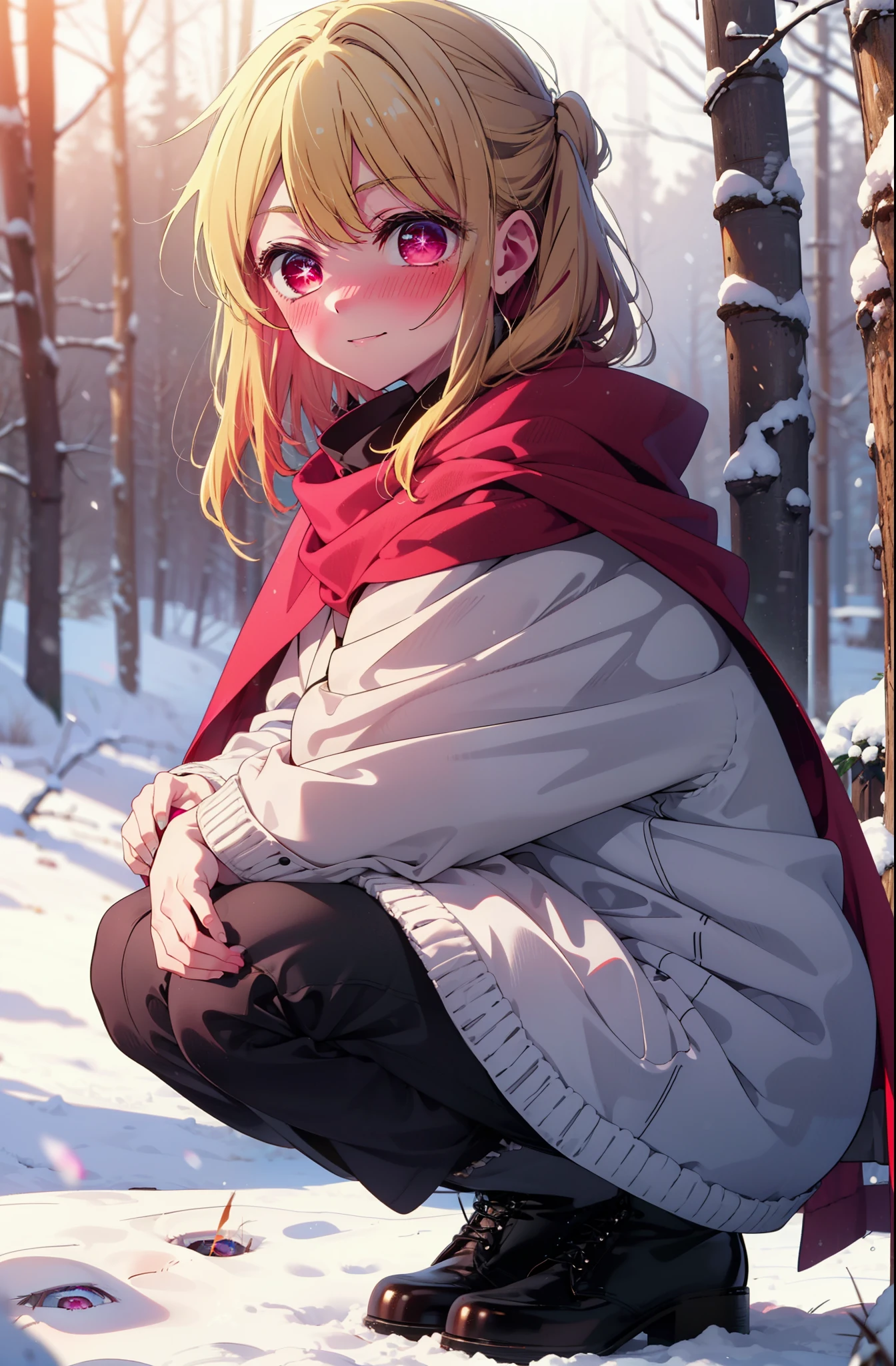 rubyhoshino, Hoshino Ruby, Long Hair, bangs, Blonde, (Pink Eyes:1.3), Side Lock, (Symbol-shaped pupil:1.5), Multicolored Hair, Two-tone hair, smile,,smile,blush,white breath,
Open your mouth,snow,Ground bonfire, Outdoor, boots, snowing, From the side, wood, suitcase, Cape, Blurred, , forest, White handbag, nature,  Squat, Mouth closed, Cape, winter, Written boundary depth, Black shoes, red Cape break looking at viewer, Upper Body, whole body, break Outdoor, forest, nature, break (masterpiece:1.2), Highest quality, High resolution, unity 8k wallpaper, (shape:0.8), (Beautiful and beautiful eyes:1.6), Highly detailed face, Perfect lighting, Highly detailed CG, (Perfect hands, Perfect Anatomy),