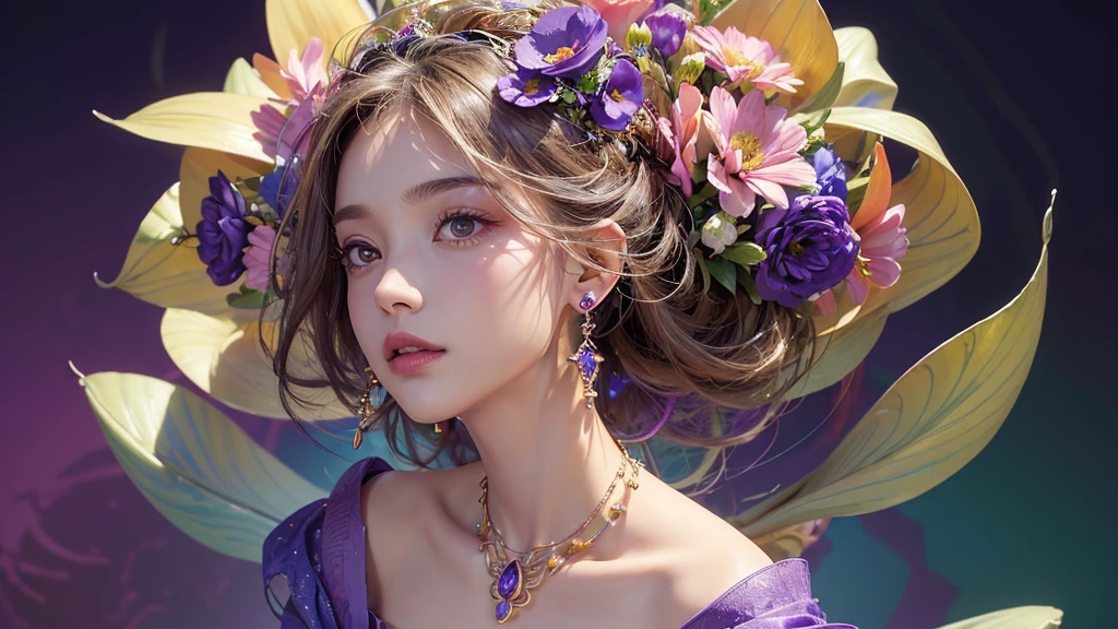 32K, 最高quality, 最高masterpiece, (ultra-Detailed Background, Detailed Background), High resolution, Super detailed, Very detailedな, 1 personの, (bouquet:1.3), (Tangled:1.2), (Geometric:1.2),(colorful),(masterpiece, quality, best quality, Official Art, Beautiful and beautiful:1.2), (1 person:1.3), Very detailed,(colorful:1.1)(Flowers:1.3),Most detailed,(Tangled:1.2), whole body, (Abstract background:1.3), (Skin glows), (Many colors:1.4), ,(Earrings Jewelry:1.5), Pale purple background, It's imaginative.,