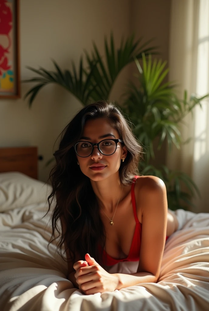 A white Brazilian woman with long black hair and glasses lying on her stomach wearing red lingerie.