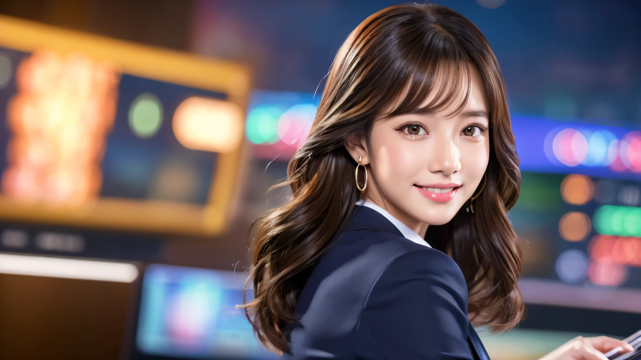 one person、female newscaster、young、beautiful、Female announcer、Shaped face contour、Long Hair、Brown Hair、Fine iris、elegant、Sexy face、Glowing Skin、Juicy lips、An open, seductive smile、Thick eyelasheodel Body Type、Earrings、black stockings、blush、suit、Tight mini skirt、Perfect lighting、Perfect Shadow、Perfect Anatomy(((masterpiece))), ((highest quality)), ((Super detailed)), (CG illustration), (Very wicked and beautiful)), (Cute Desktop Face),Weather Caster、weather forecast、relay