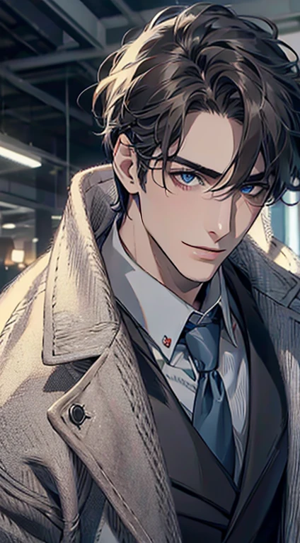 (Highest quality,4K,8K,High resolution,masterpiece:1.2),Super detailed,(Realistic,photoRealistic,photo-Realistic:1.37),1 person,31 years old,Mature Men,Beautiful skin、Profile、very handsome,Expressionless,smile,Short gray dark hair,blue eyes,Sharp Eyes,A perfect face without a doubt,Businessman,Office Background,Cinema Lighting,HDR image,tie、
