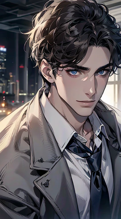 (Highest quality,4K,8K,High resolution,masterpiece:1.2),Super detailed,(Realistic,photoRealistic,photo-Realistic:1.37),1 person,31 years old,Mature Men,Beautiful skin、Profile、very handsome,Expressionless,smile,Short gray dark hair,blue eyes,Sharp Eyes,A perfect face without a doubt,Businessman,Office Background,Cinema Lighting,HDR image,tie、