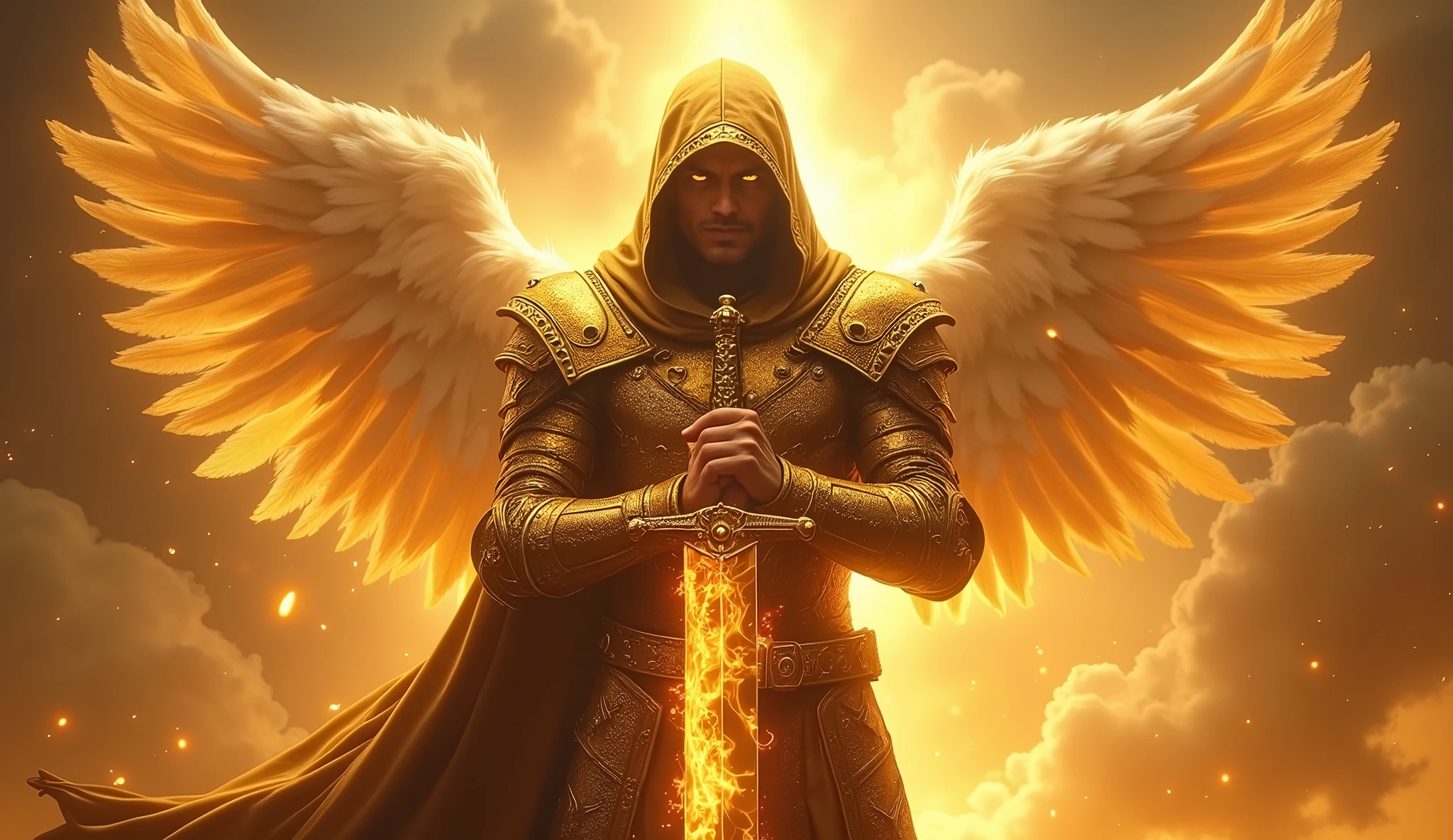 naughty man,Warrior angel in golden armor and wearing a hood wielding a golden fire sword, Stately,HD, facing the camera head-on, shining eyes