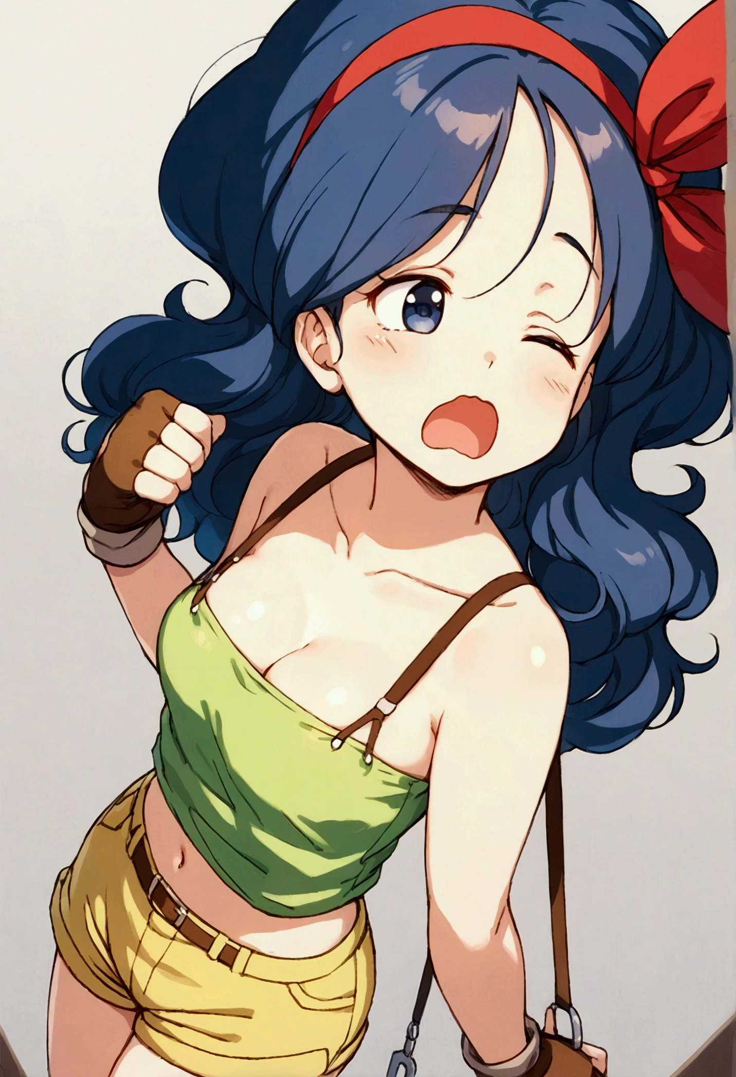 score_9, score_8_up, score_7_up,score_6, score_5, score_4,BREAK , from above,from side,(breast focus:1.5),front view.standing,(upperbody:1),1girl, launch good, blue eyes, blue hair, long hair, curly hair, wide open mouth, yawning,leaning backward, wavy mouth, ribbon, red hairband, fingerless gloves, brown gloves, green crop top, short shorts, yellow shorts, green legwear, red footwear, cleavage, collarbone, sad eyebrows,sleepy eyes, frown,anime style, key visual, vibrant, studio anime,highly detailed,masterpiece, best quality,
best aestethic, absurdres,cinematic lighting,(cell anime)