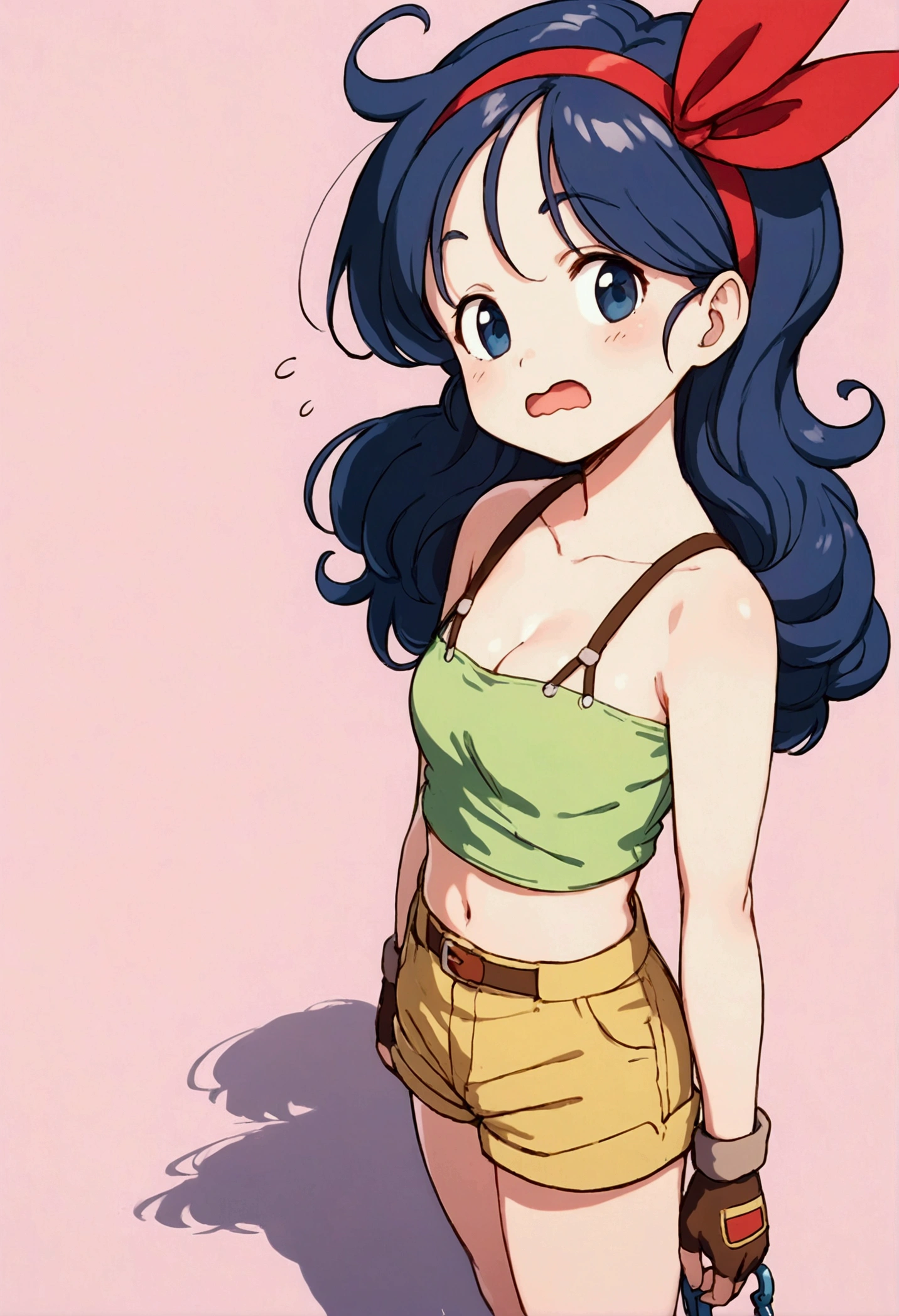 score_9, score_8_up, score_7_up,score_6, score_5, score_4,BREAK , from above,from side,(breast focus:1.5),front view.standing,(upperbody:1),1girl, launch good, blue eyes, blue hair, long hair, curly hair, wide open mouth, yawning,leaning backward, wavy mouth, ribbon, red hairband, fingerless gloves, brown gloves, green crop top, short shorts, yellow shorts, green legwear, red footwear, cleavage, collarbone, sad eyebrows,sleepy eyes, frown,anime style, key visual, vibrant, studio anime,highly detailed,masterpiece, best quality,
best aestethic, absurdres,cinematic lighting,(cell anime)