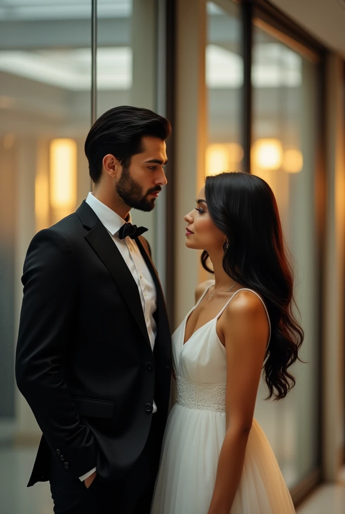 Images of a very handsome man black haired, neatly combed, fair skinned, with the beard in his 20swearing formal fully black attire next to him a bit far a beautiful girl, black haired, wavy hair, yellowish skinned in her 20s wearing a long white frock just looking at the camera in an office. Boy is looking out of the window glass and girl is looking at him with a distance