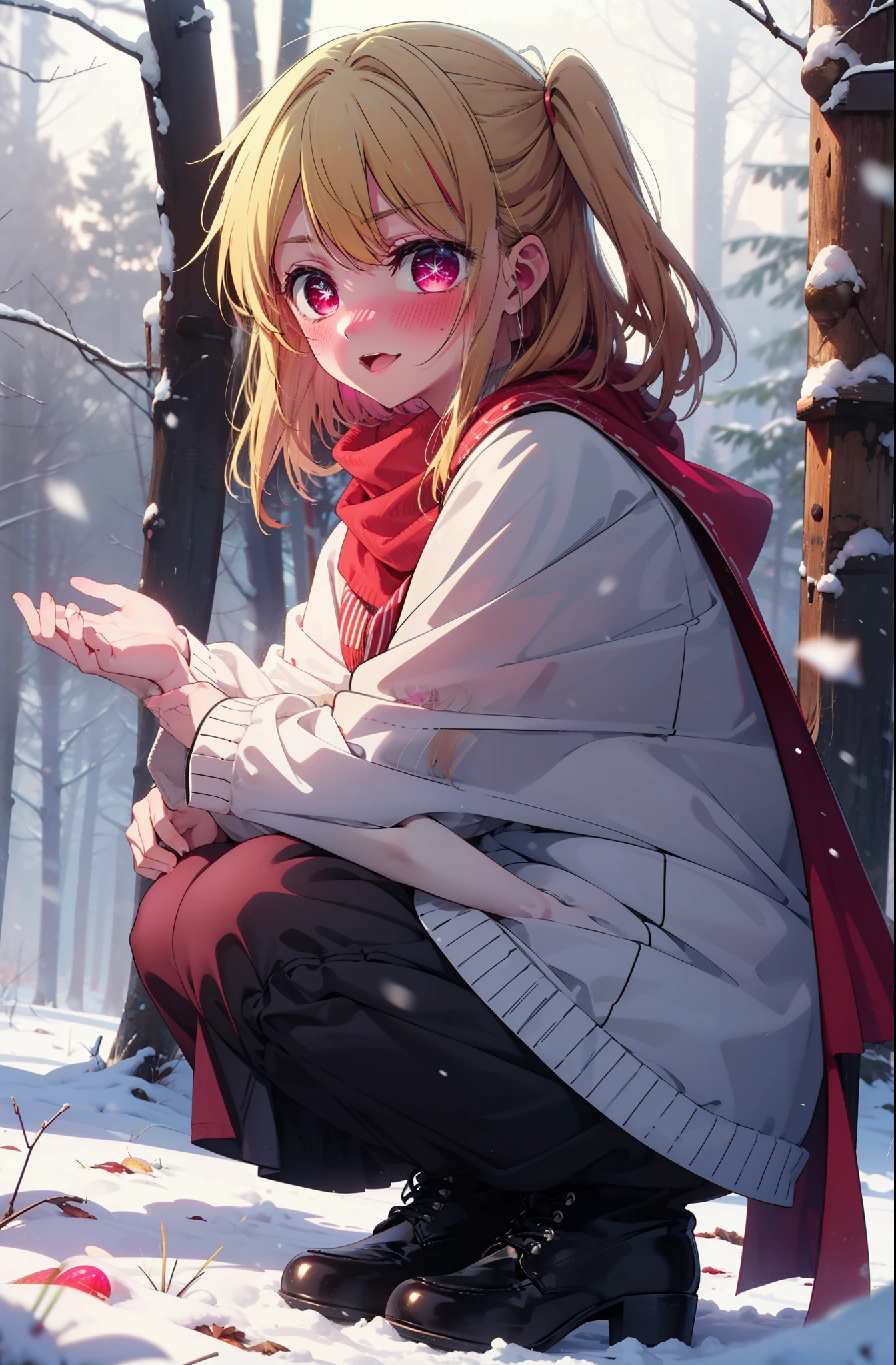 rubyhoshino, Hoshino Ruby, Long Hair, bangs, Blonde, (Pink Eyes:1.3), Side Lock, (Symbol-shaped pupil:1.5), Multicolored Hair, Two-tone hair, smile,,smile,blush,white breath,
Open your mouth,snow,Ground bonfire, Outdoor, boots, snowing, From the side, wood, suitcase, Cape, Blurred, , forest, White handbag, nature, Squat, Mouth closed, Cape, winter, Written boundary depth, Black shoes, red Cape break looking at viewer, Upper Body, whole body, break Outdoor, forest, nature, break (masterpiece:1.2), Highest quality, High resolution, unity 8k wallpaper, (shape:0.8), (Beautiful and beautiful eyes:1.6), Highly detailed face, Perfect lighting, Highly detailed CG, (Perfect hands, Perfect Anatomy),