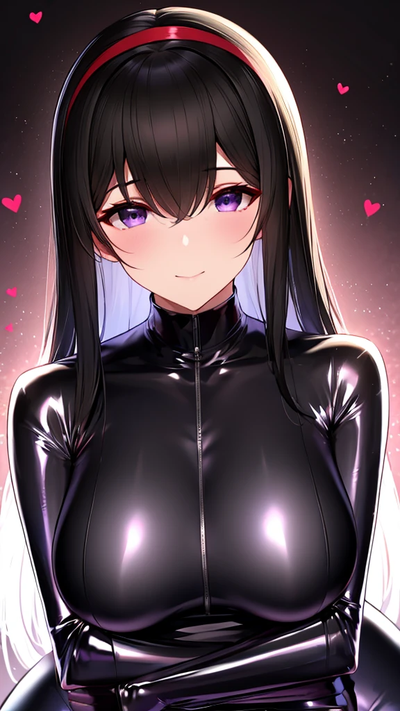 erotic、tall、Idol Master　Sagasawa Fumika,White Hair Band、Long Black Hair、 mature, Married women, Purple shiny latex rubber suit、turtleneck、邪evilな女戦闘員, Red and black background, heart, Bedroom, Dark Theme, evil, lure, excited, Condescending smile, Lightly open your mouth、Sexy pose, Upper Body,