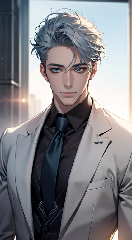 (Highest quality,4K,8K,High resolution,masterpiece:1.2),Super detailed,(Realistic,photoRealistic,photo-Realistic:1.37),1 person,31 years old,Mature Men,Beautiful skin、very handsome,Expressionless smile in love,Short gray blue hair,green eyes,Sharp Eyes,A perfect face without a doubt,Businessman,Office Background,Cinema Lighting,HDR image,tie、