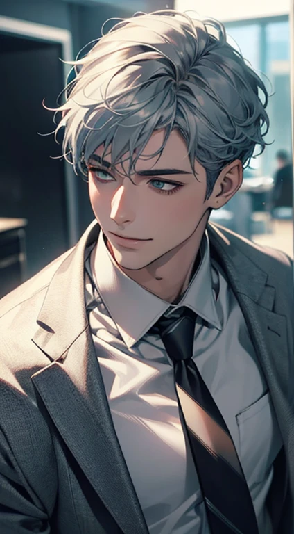 (Highest quality,4K,8K,High resolution,masterpiece:1.2),Super detailed,(Realistic,photoRealistic,photo-Realistic:1.37),1 person,31 years old,Mature Men,Beautiful skin、very handsome,Expressionless smile in love,Short gray blue hair,green eyes,Sharp Eyes,A perfect face without a doubt,Businessman,Office Background,Cinema Lighting,HDR image,tie、
