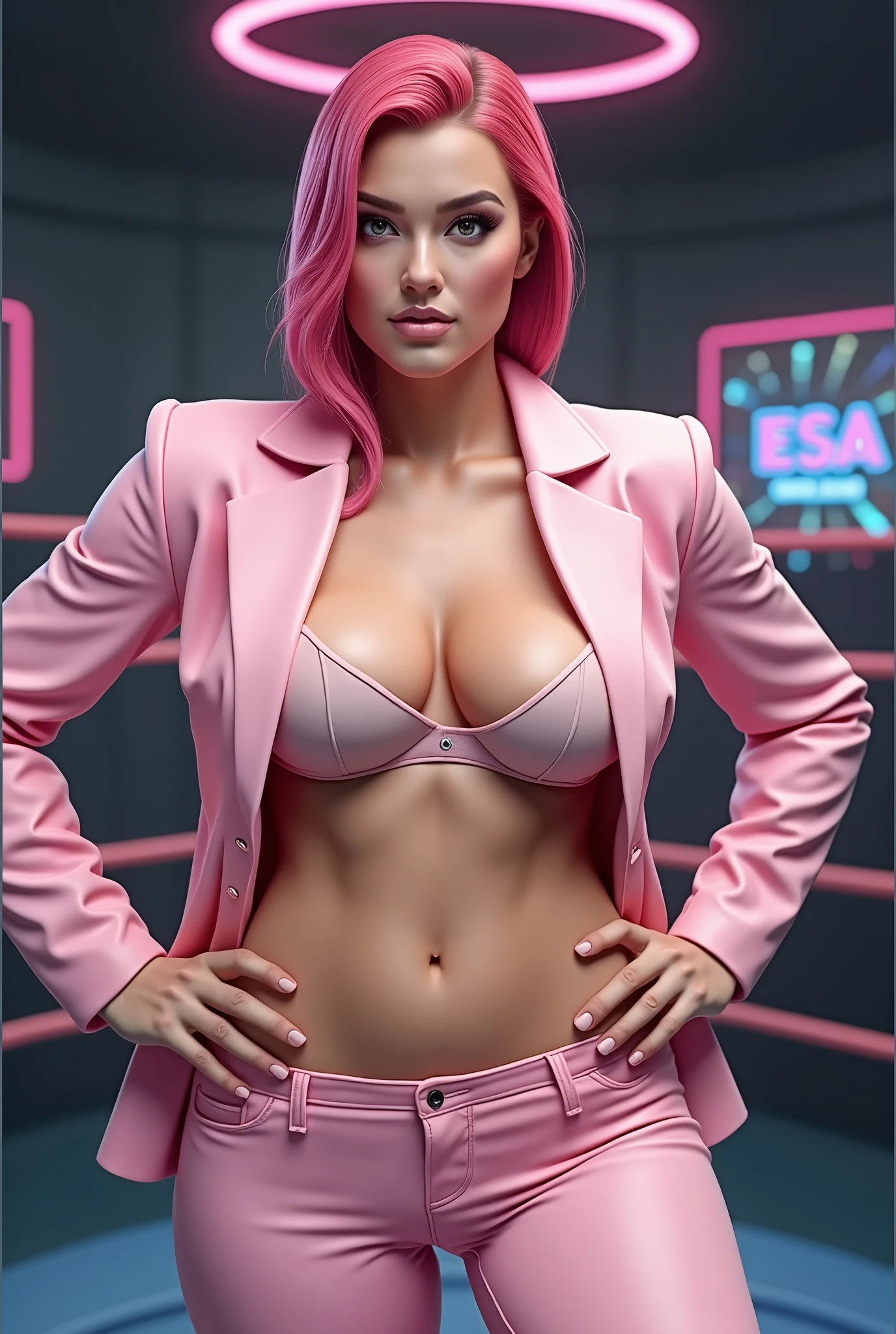 A female wrestler with big breasts in a pink business suit, pink hair, detailed facial features, detailed body, muscular physique, dramatic pose, colorful vivid lighting, neon colors, surreal digital art, cinematic lighting, hyper realistic, 8k, best quality, masterpiece