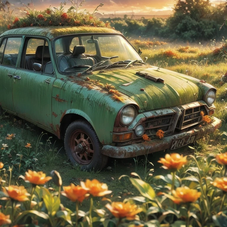 A rusty car covered in moss and vegetation, Signs of decay,Car Graveyard，crow，Small flowers,Sunset,End,photography