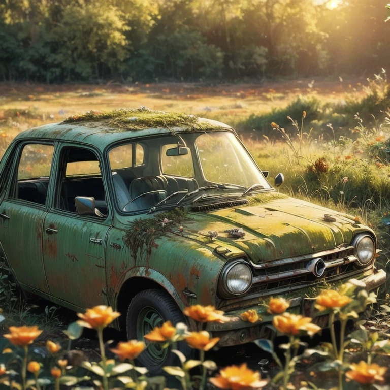 A rusty car covered in moss and vegetation, Signs of decay,Car Graveyard，crow，Small flowers,Sunset,End,photography