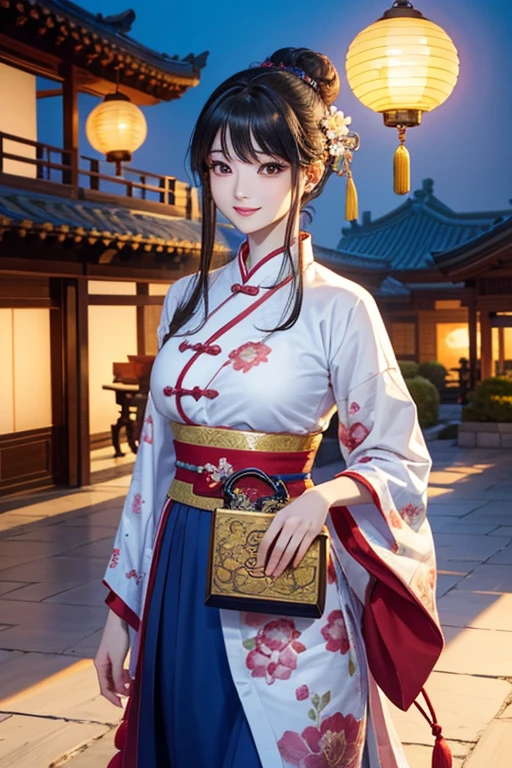 ( High resolution、 Super detailed)、masterpiece、Highest quality、High resolution、8k、Realistic skin texture、 Young and beautiful woman、Beautiful Face、Beautiful Face、Pretty lips、Ample breasts、Balanced style、Hair styled in a bright-colored round bun、Smiling eyes、Hanfu、Walking、Cowboy Shot、background、Buildings from the Tang Dynasty、The city of Chang'an during the Tang Dynasty in China、river view、Night view、Flower garden、Peach Blossom、Lantern Light、Detailed CG、