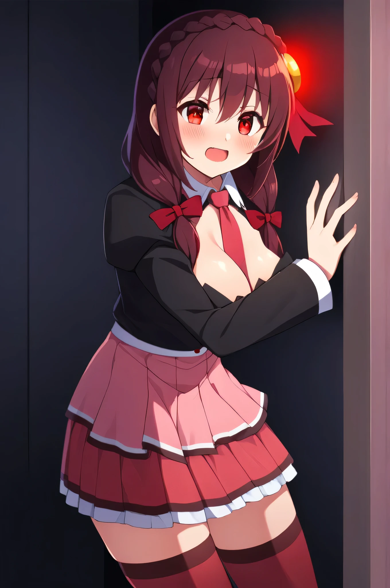 alone, One person, Yunyun, (Mouth open)、 (blush:1.2)、Crown braids of the same color as your hair, (Glowing red eyes:1.8)、(eyes shine red:1.8)、hair ornaments, Hair Ribbon, Pink tie, Long sleeve, Pink Skirt, Knee socks, Cleavage, Kneeling on the bed、Leaning forward、Sweat a lot、(Eyes glowing red in the darkness:1.8)