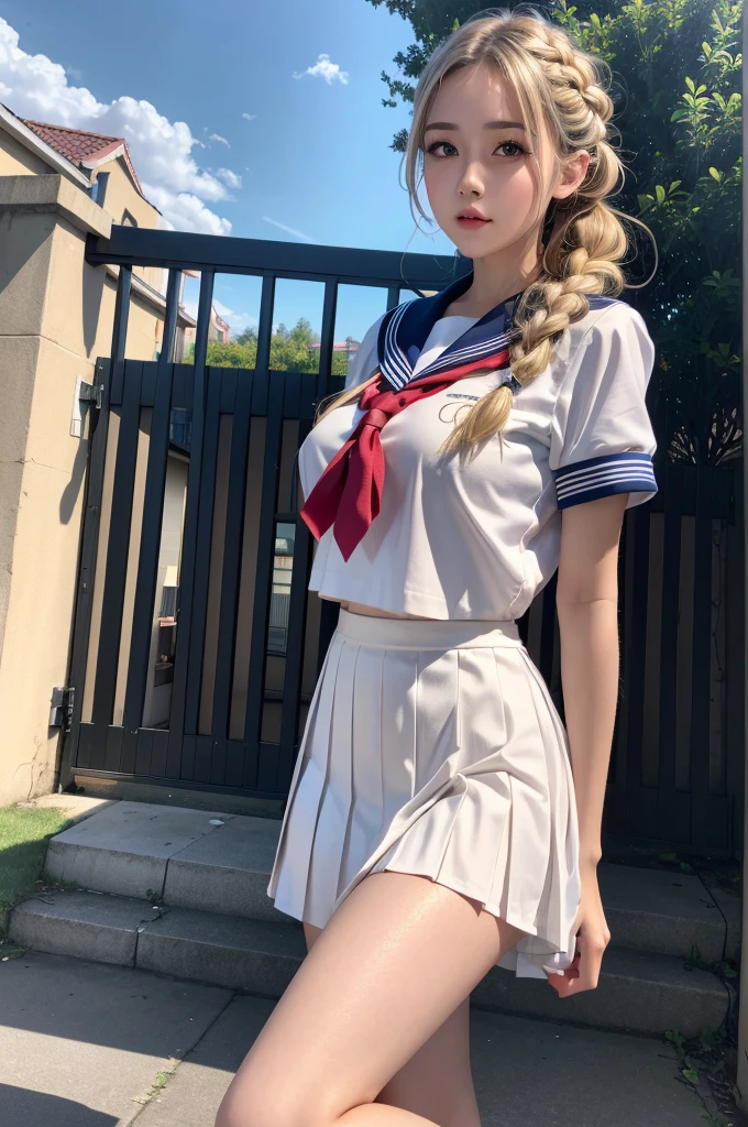 (Highest quality), (masterpiece), (8k), nsfw, (A very beautiful girl stands with one leg raised, She has an erect penis which she is holding, Her hair is long and light blonde, braided, She is wearing a sailor uniform with a short pleated skirt that is turned up, Her nipples are visible through the dress,  She is blushing with embarrassment), (Scene in front of the school gate, many students), Backlit by the morning sun, 

