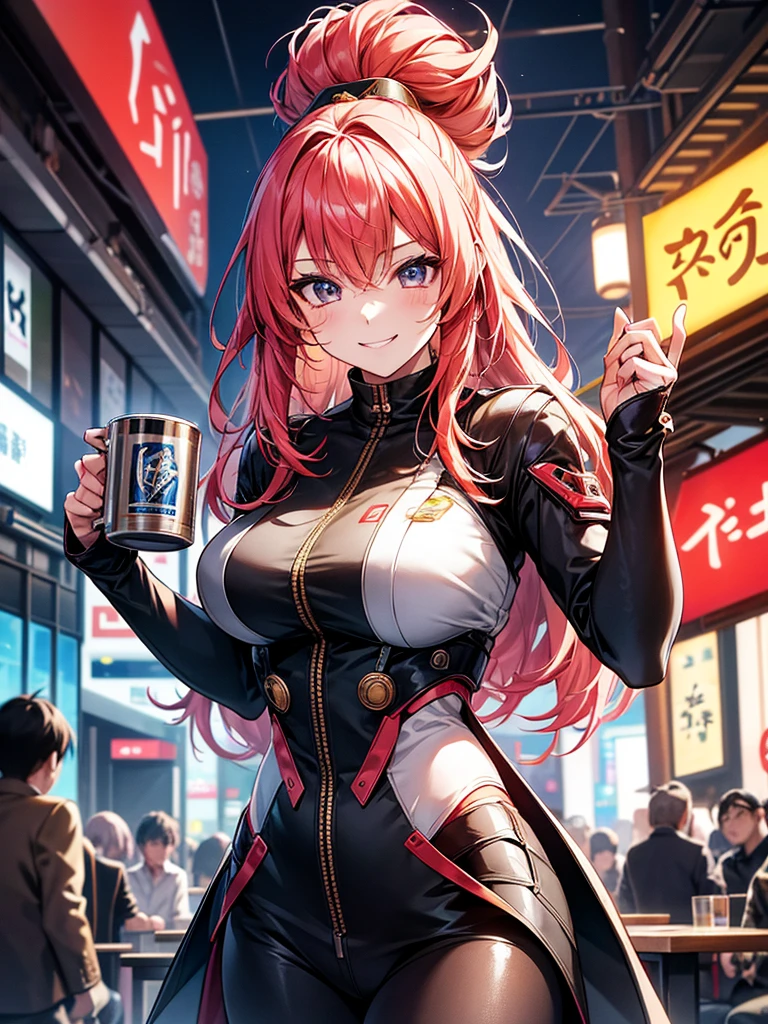 In a futuristic Tokyo setting, a lively Japanese girl is having a great time in a bustling izakaya, holding a large mug of beer in one hand and wearing a bright, cheerful smile. She’s dressed in trendy fashion with the latest hair color and hairstyle that reflects current trends. The surroundings are vibrant, with neon lights and sleek, modern décor that blends traditional and futuristic elements. She strikes a variety of poses, showing off her outfit and energy. The image should be highly detailed, with perfect and accurate anatomy, high resolution, and sharp clarity.