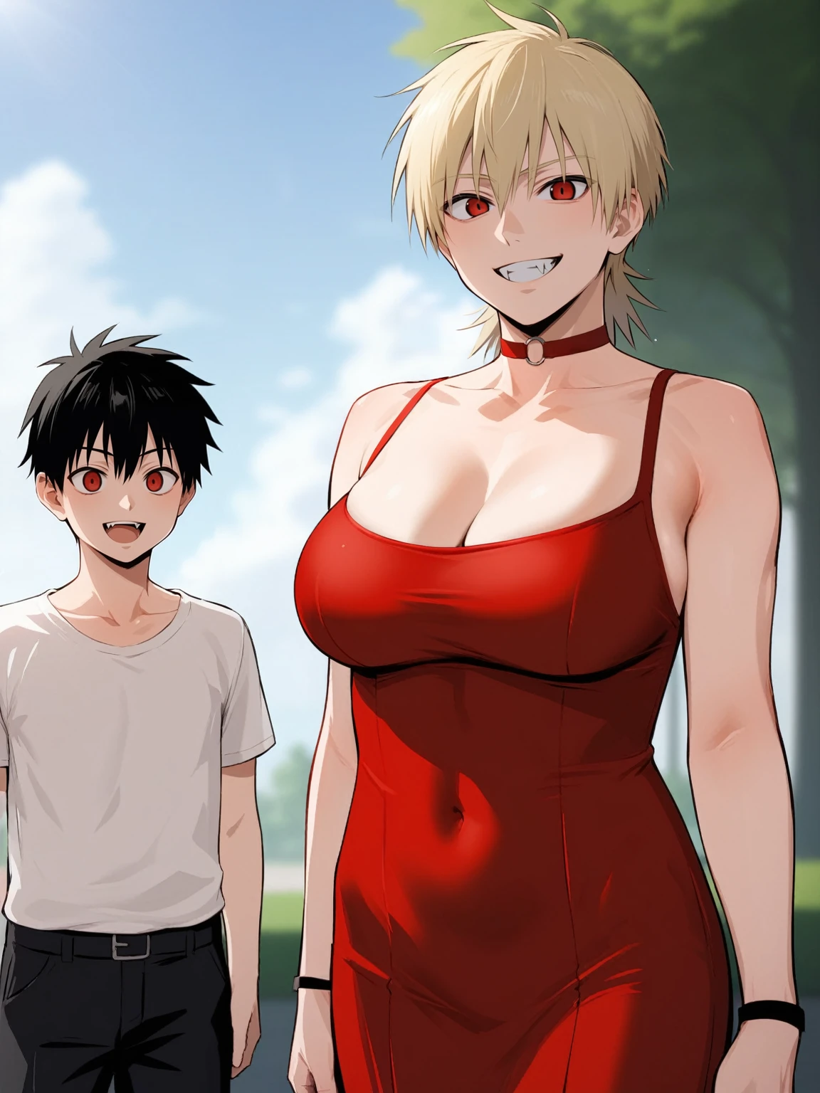 score_9, score_8_up, score_7_up, score_6_up, source_anime, standing, hellsing, seras, blonde hair, nude, park, outdoors, sky, vampire, smirk, fangs, ikuchan, muscular male, male wearing tank top, large breasts, husband and wife, family, looking at viewer, smiling, light skinned male, ((family photo)), standing, 1girl, smile, cute, happy family ((size difference)), tall male, ((light skinned male))), gown, dress, navel, short dress, red dress, , ((size difference)), shota, ((family)), wholesome, sfw, raing:safe, ((large male)), black haired male, solo focus, choker, solo focus, 2boys, 1girl, trio, mature male, dilf, ((portrait)), faceless male, husband and wife and son