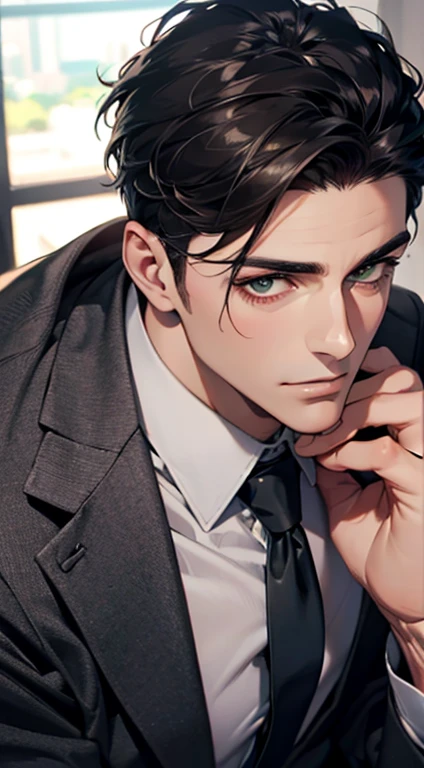 (Highest quality,4K,8K,High resolution,masterpiece:1.2),Super detailed,(Realistic,photoRealistic,photo-Realistic:1.37),1 person,35 years old,Mature Men,Beautiful skin、very handsome,Expressionless,Short gray Black hair,green eyes,Sharp Eyes,A perfect face without a doubt,Businessman, CEO, Office Background,Cinema Lighting,HDR image,tie、