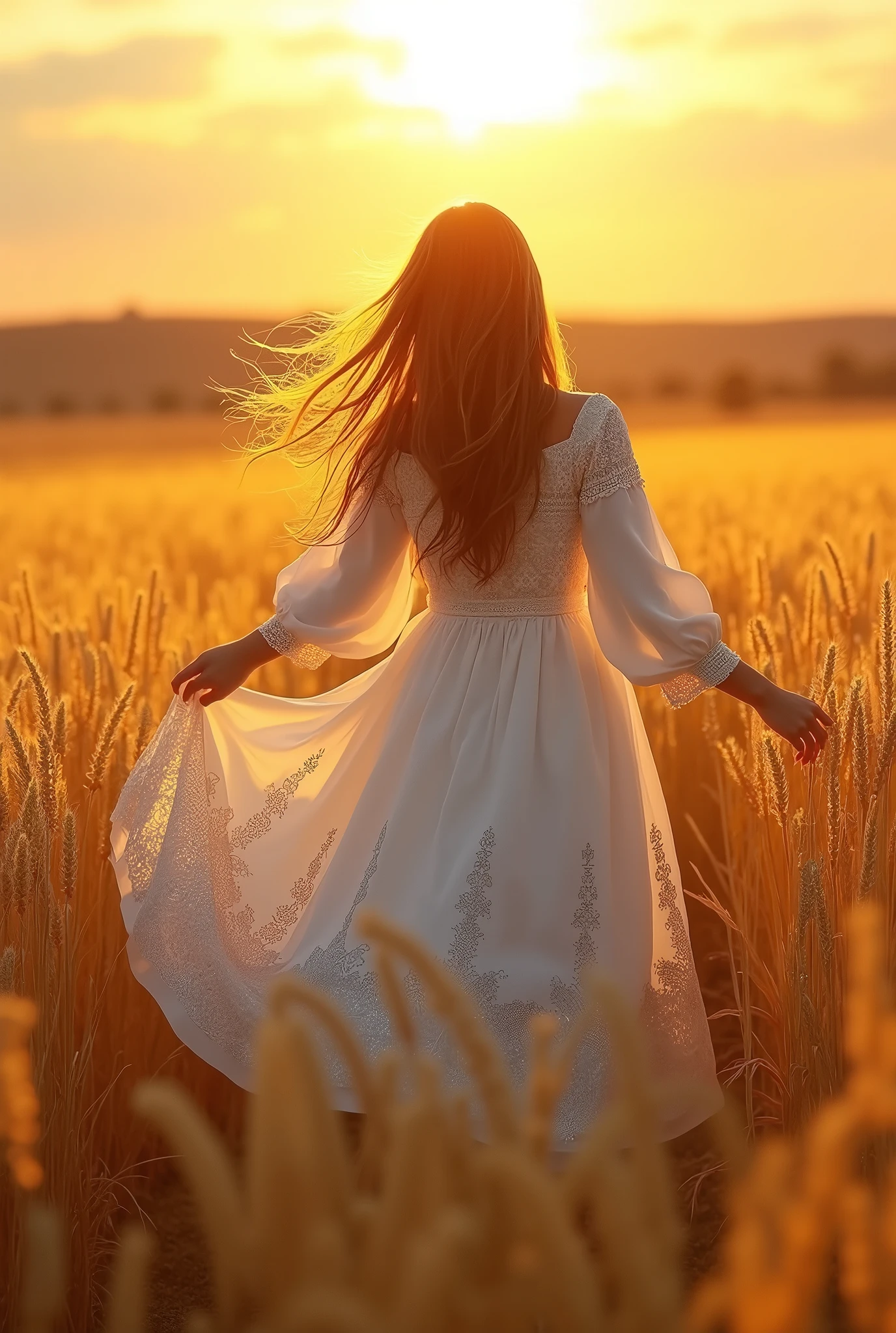 Photo realistic, beautiful Tatar girl in white dress with white damask weave dancing passionately in golden wheat field,