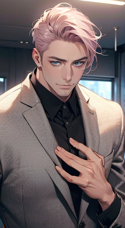 (best quality,4k,8k,highres,masterpiece:1.2),ultra-detailed,(realistic,photorealistic,photo-realistic:1.37),1 man,31 years old,mature man,very handsome,without expression,smile,short grey pink hair,blue eyes,penetrating gaze,perfect face without errors,imposing posture,businessman,office background,cinematic lighting,hdr image