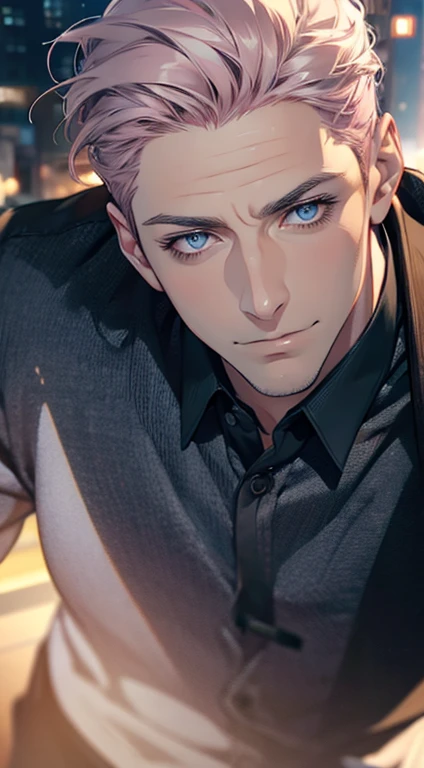 (best quality,4k,8k,highres,masterpiece:1.2),ultra-detailed,(realistic,photorealistic,photo-realistic:1.37),1 man,31 years old,mature man,very handsome,without expression,smile,short grey pink hair,blue eyes,penetrating gaze,perfect face without errors,imposing posture,businessman,office background,cinematic lighting,hdr image