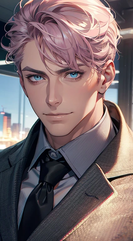 (best quality,4k,8k,highres,masterpiece:1.2),ultra-detailed,(realistic,photorealistic,photo-realistic:1.37),1 man,31 years old,mature man,very handsome,without expression,smile,short grey pink hair,blue eyes,penetrating gaze,perfect face without errors,imposing posture,businessman,office background,cinematic lighting,hdr image