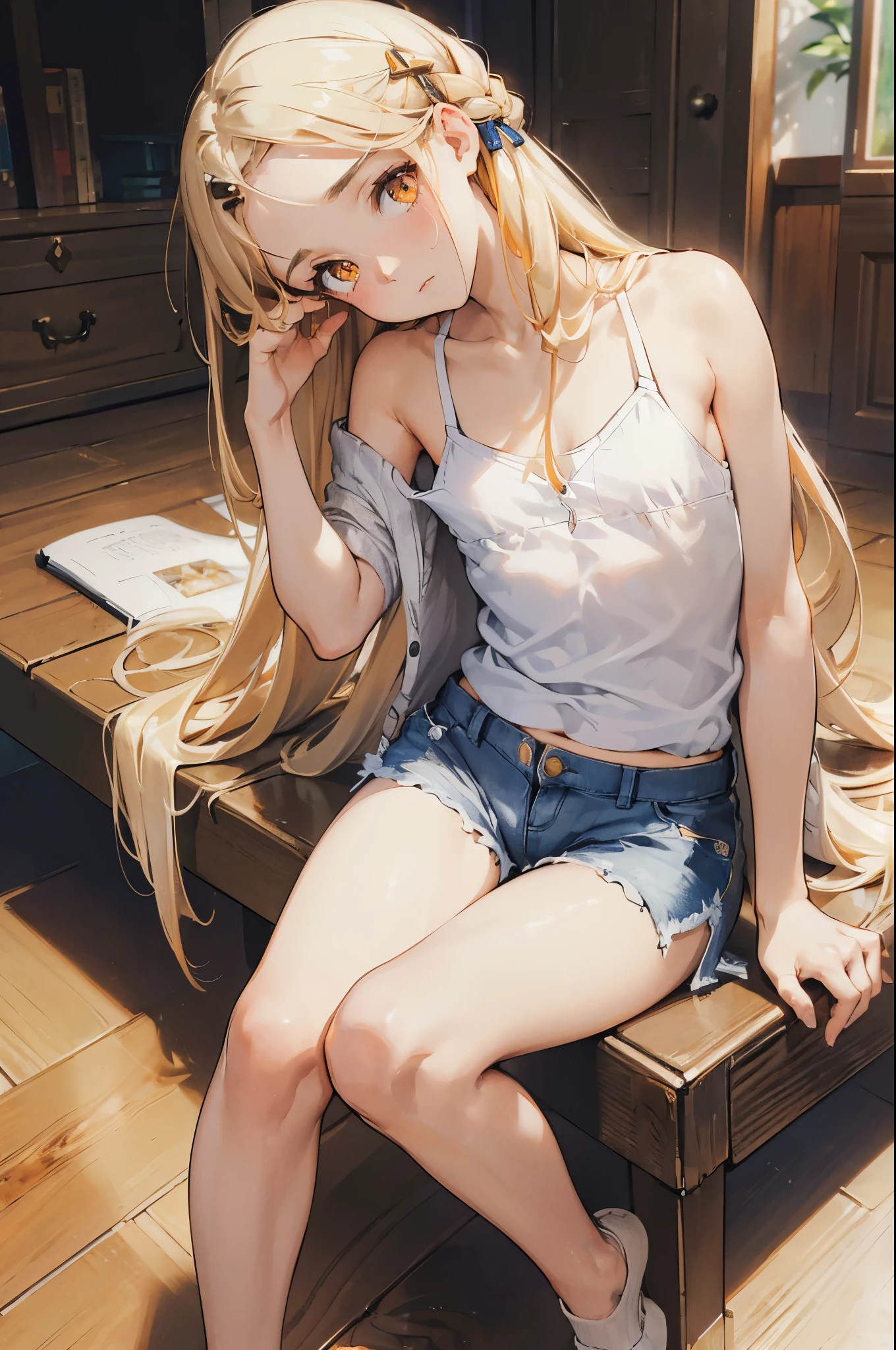 masterpiece, ultra detailed, 8k portrait, RAW photo, portrait photography, Highly detailed face, beautiful and meticulous eyes, (amber color eyes:1.5), , (tilt one's head:1.5), (sitting:1.5), indoor, (white thin camisole:1.5) and (Lowrise blue shorts:1.5), (navel:1.2), (ultra long hem white summer cardigan:1.5), cute girl, long hair, (white blond hair:1.5), (shoulder length hair:1.5), (forehead:1.1), (one side double hairpin), (sleepy face:1.0), young girl, 1girl, beauty girl, pretty girl, 159cm, 41kg, (skinny:1.5), (flat chest:1.5),