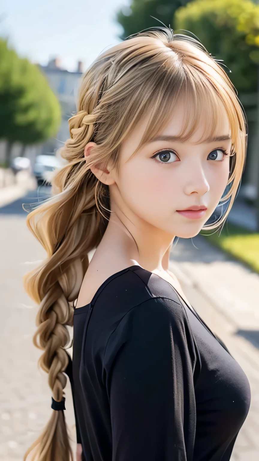 Sexy Big 、Sexy cute looks and cute 15 year old beautiful girl, beautiful and sexy face、A strong wind blows my hair in front of my face、beautiful long blonde French braided hair、beautiful, Cute and sexy eyes hidden behind long bangs